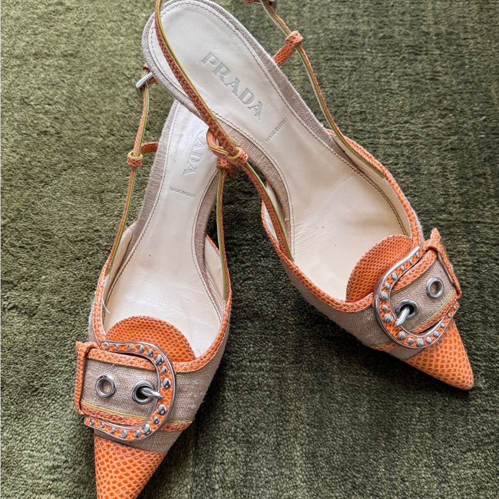 Prada Women's Vibrant Orange and Beige Heels 38.5 size